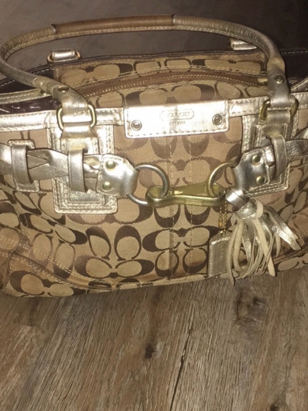 Coach Brown Signature Canvas Shoulder Bag with Gold Trim